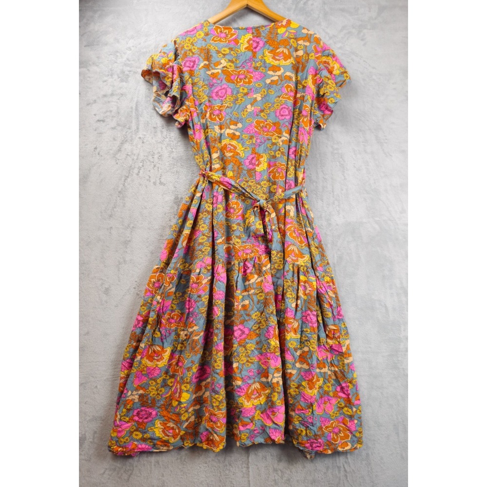 Rusttydustty Chic Maxi Dress Womens  3XL Blue Orange Floral Boho Tiered Belted - Picture 5 of 5